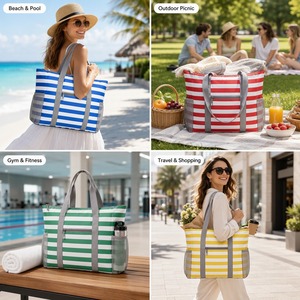 Sac de plage pliable rayé imperméable avec logo personnalisé, sac de piscine 2-en-1 en nylon rayé avec petite pochette, vente en gros directe d'usine OEM - Product Image 4