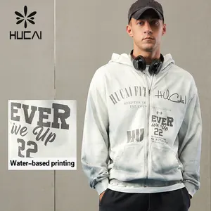 HUCAI personalizado 100% algodón teñido freír lavado a base de agua impresión zip up Sudadera con capucha entrenamiento gimnasio chaqueta deportiva para hombres