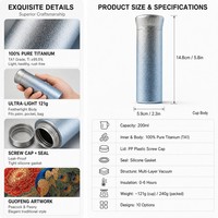 Gobelet de poche en titane pur 200 ml, double paroi, isolé sous vide, fin, avec bouchon à vis, anti-fuite, pour voyage, logo personnalisé