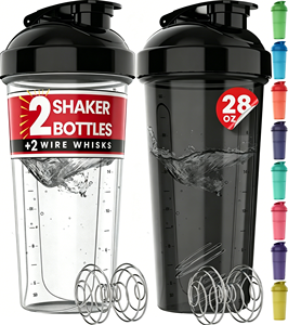 Paquete de 2 Botellas Mezcladoras de Proteínas de 28 oz a Prueba de Fugas con 2 Batidores de Alambre |   Negro/Transparente para Mezclas y Batidos de Proteínas - Product Image 1