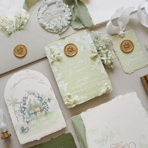Juego de Invitaciones de Boda Hechas a Mano, Papel de Algodón con Borde Decorativo en Relieve, Diseño Botánico Floral en Acuarela, Sello de Cera con Lámina Dorada - Product Image 2
