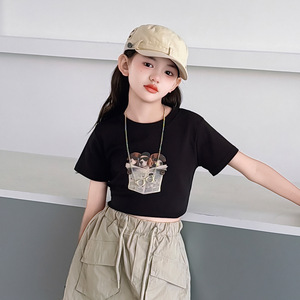Vêtements pour enfants Filles 2026 Ensemble 2 pièces pour adolescente : T-shirt noir à imprimé chien Pappy à manches courtes + Jupe kaki à volants - Product Image 6