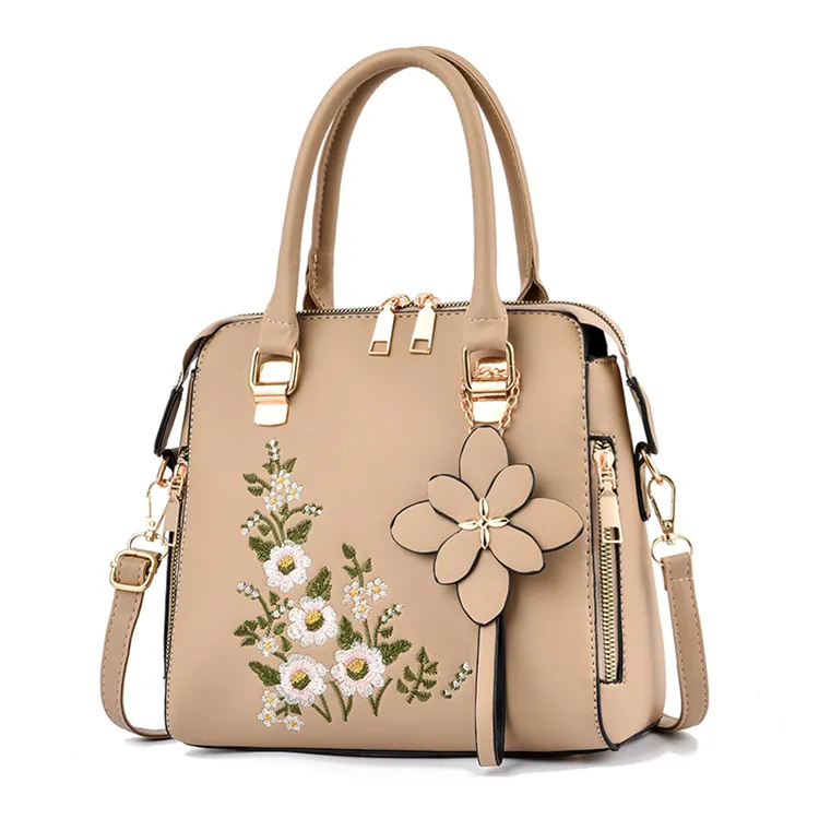 China New Product Custom Logo Leather Colour Brown Embroidery Ladies Hand Bags Large Size