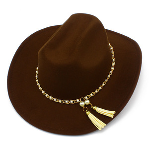 10 <span class=keywords><strong>colores</strong></span> nueva moda elegante perla cadena fieltro <span class=keywords><strong>sombrero</strong></span> de vaquera mujeres ganado occidental <span class=keywords><strong>vaquero</strong></span> sombreros para mujeres - Product Image 6