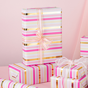 Pink Wrapping Paper Metallic Pink Gold Foil Shimmering Stripe Gift Wrap With <b>Grid</b> Cutting Lines for Girls Wedding Birthday - Product Image 1