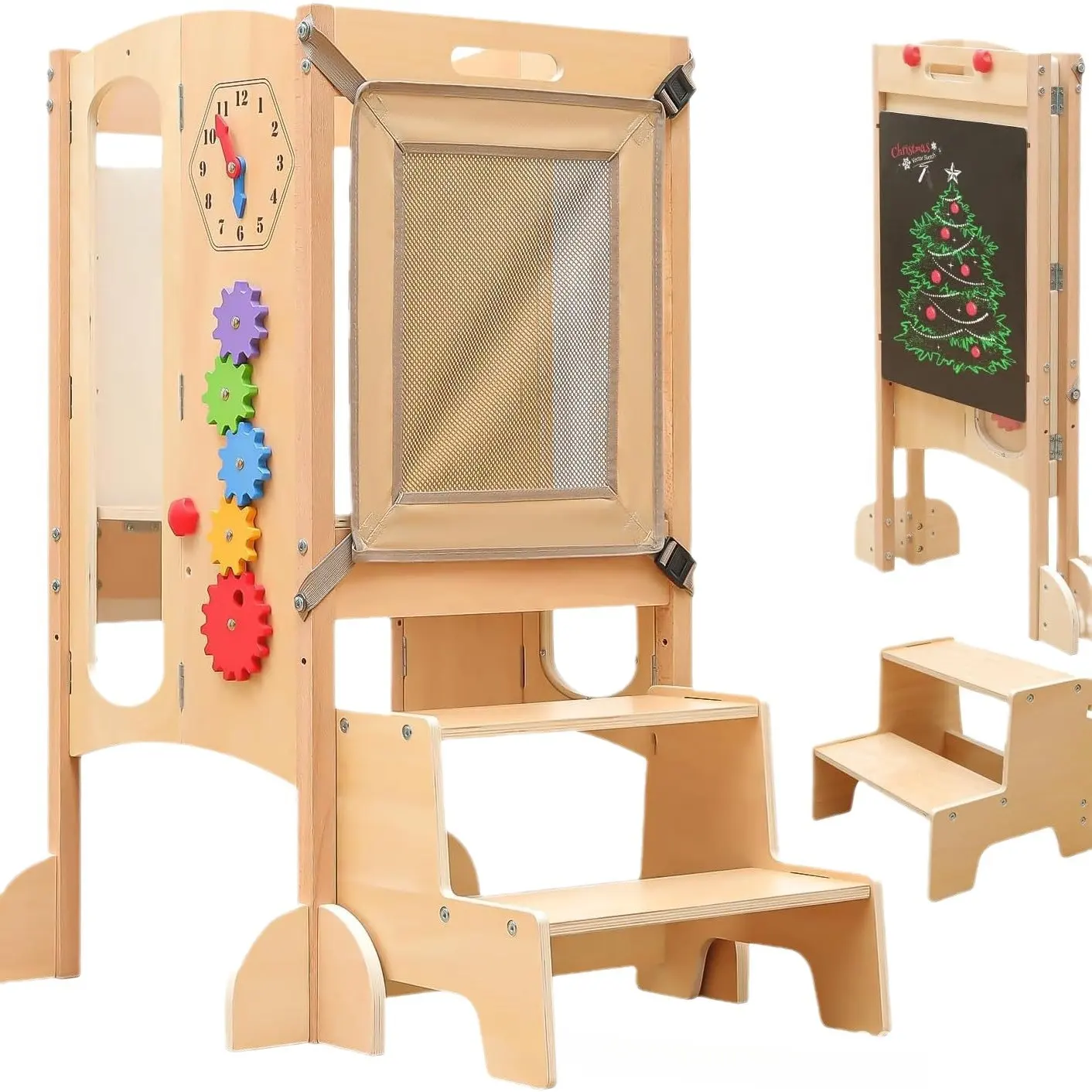 モダンなデザインの木製の子供の学習タワースツール小さな家庭用黒板
