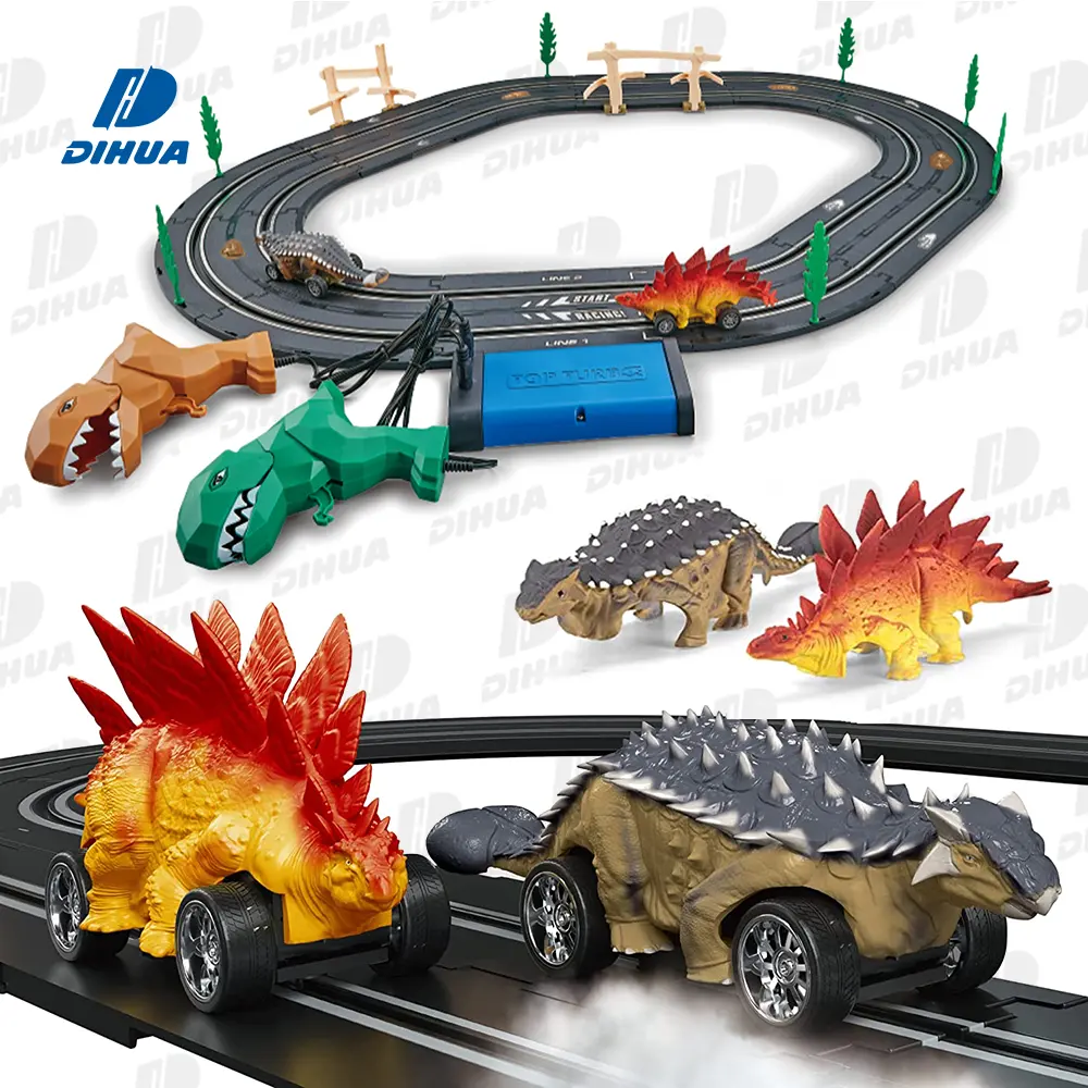 Electric Dinosaur Racing Tracks for Kids Slot Car Race Track Sets Including 2 Dinosaur Cars 2 Hand Controllers DIY Create a Road