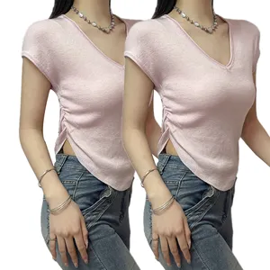 Damen Kurzarm-O-Ausschnitt süß rosa Farbe T-Shirt 2024 leichte dünne Kleidung Bluse Sommer Slim Fit Strick einfache Tee-Oberteile
