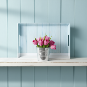 Serving <b>Tray</b> Tulips Light Blue Wood Grain Design Decorative <b>Tray</b> with Handles for Home Decor - Product Image 3