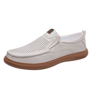 Men Summer Breathable Slip-On Loafers Round Toe Genuine Leather <b>Rubber</b> Sole Solid Color Casual Driving Shoes - Product Image 5
