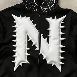 Sweat à capuche personnalisé de haute qualité 100% coton pur avec strass Y2k à fermeture éclair et cornes de <span class=keywords><strong>diable</strong></span> Style streetwear pour homme - Product Image 3