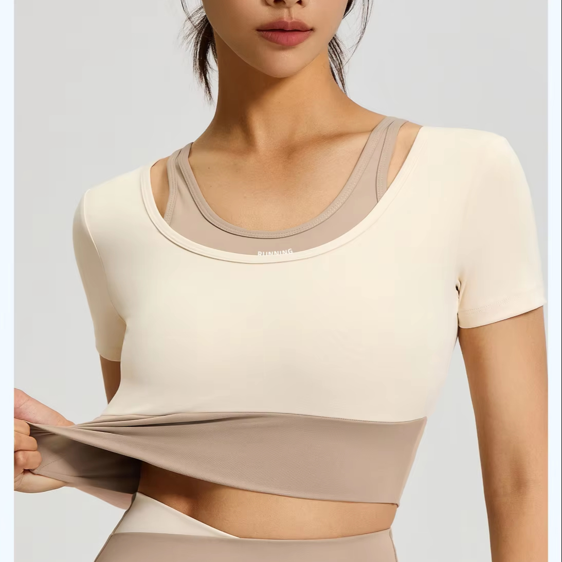 FH Color Blocked Modern Yoga Top Short Sleeved Breathable Shock-absorbing Belt Chest Cushion Fitness Training Sports Top