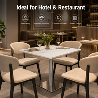 Table de café carrée en pierre frittée avec bord arrondi, piétement en acier brossé, robuste, pour restaurant, vente en gros, sur mesure