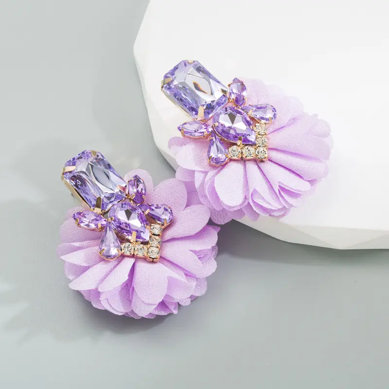 Wholesale Alloy Inlaid Diamond Cloth Art Flower Pendant Female Earrings Women Trend Creative High Quality Women Earrings