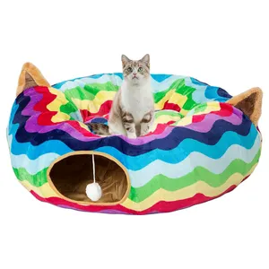 베스트셀러 애완 동물 용품 레인보우 도넛 2 in 1 휴식 재미 이중 목적 접이식 고양이 터널 놀이