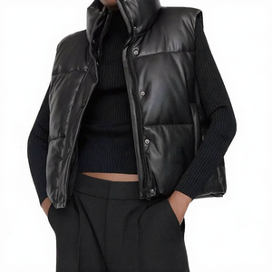 New Fashion <b>Women</b> PU Leather Knitted Padded Short Vest Waistcoat <b>Sleeveless</b> Winter Warm Loose Tops <b>Coat</b> Stand Collar - Product Image 3