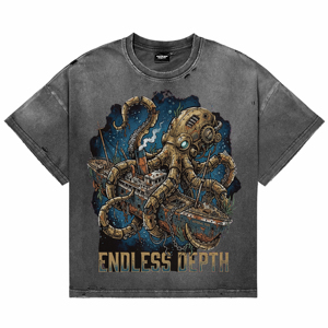 T-shirts respirants pour hommes, style vintage délavé et vieilli, avec impression DTG personnalisée pieuvre steampunk, décontractés, à manches courtes et col rond, vente en gros - Product Image 1