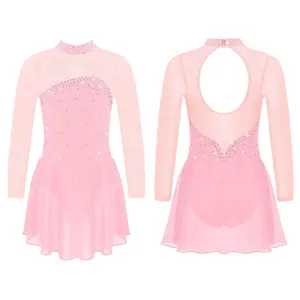 Kids Shiny Rhinestones Sheer Mesh Long Sleeves Dance Costumes Figure Ice Skating Dance Dress For Girl