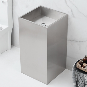 Lavabo sur pied carré moderne en acier inoxydable brossé SS304, lavabo intégré autoportant pour hôtel, bar et toilettes publiques commerciales - Product Image 3