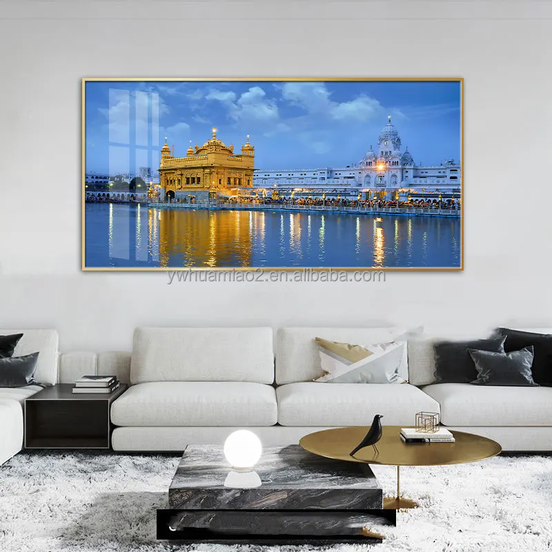 공장 도매 HD 인쇄 프레임 인도 황금 사원 달 푸른 밤 장면 그림 장식 캔버스 포스터 유리 벽 예술
