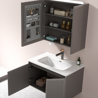 Conjunto de Mueble de Baño Minimalista con Lavabo de Cerámica Gris, Espejo Inteligente, Resistente al Agua y a la Humedad, para Uso en Hoteles, 5 Años de Garantía