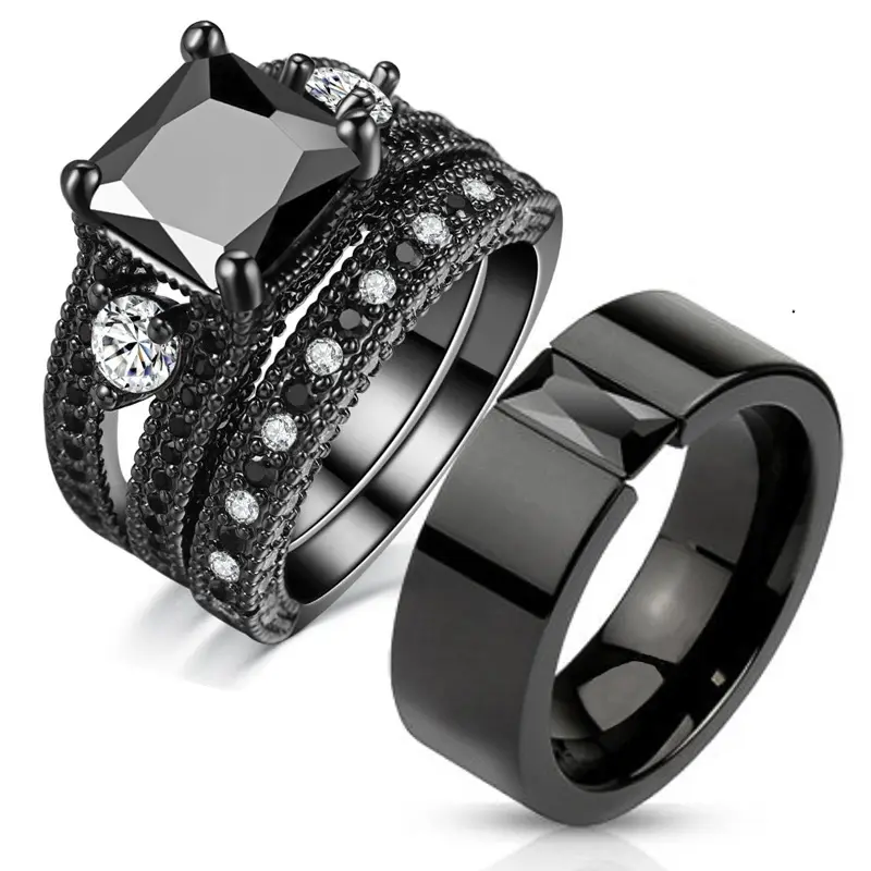 Fashion Couple Jewelry Lovers Rings Women's Black Zircon Engagement Ring Set Men's Stainless Steel Wedding Band Anniversary Gift