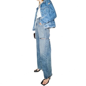 Jean en denim bleu personnalisé pour femme, taille haute, coupe droite, déchiré - Product Image 6