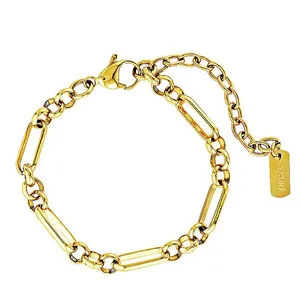 This style features two distinct chain links is crafted from 18k gold plated stainless steel and is secured by a parrot closure