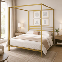 Lit à baldaquin en métal doré, lit à quatre poteaux en métal, aucun sommier requis pour hôtel, appartement, chambre à coucher