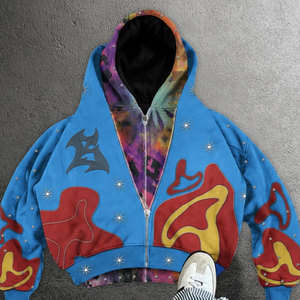Sudadera con Capucha Vintage Y2k con Estampado Gráfico Azul <span class=keywords><strong>Cielo</strong></span>, Cierre Completo, Tie Dye, Doble Capa para Hombre, Felpa Francesa, Bordado 3D - Product Image 1