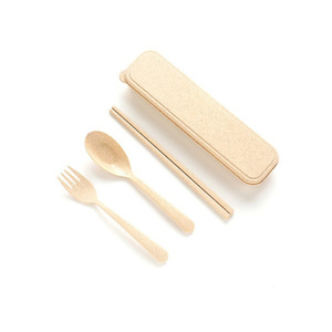 Ensemble de couverts en paille de blé portable avec fourchette, cuillère et baguettes, étui de rangement écologique à couvercle, design rectangulaire - Product Image 5