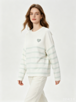 Pull en tricot rayé à col rond pour femme, style européen, avec broderie cœur, coupe ample, manches longues, décontracté, pour le quotidien