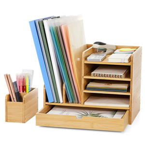 Bamboo Desktop <b>File</b> Organizer 3 Tier With Drawer For Office Home Study <b>Storage</b> Rack And Pen Holder - Product Image 1
