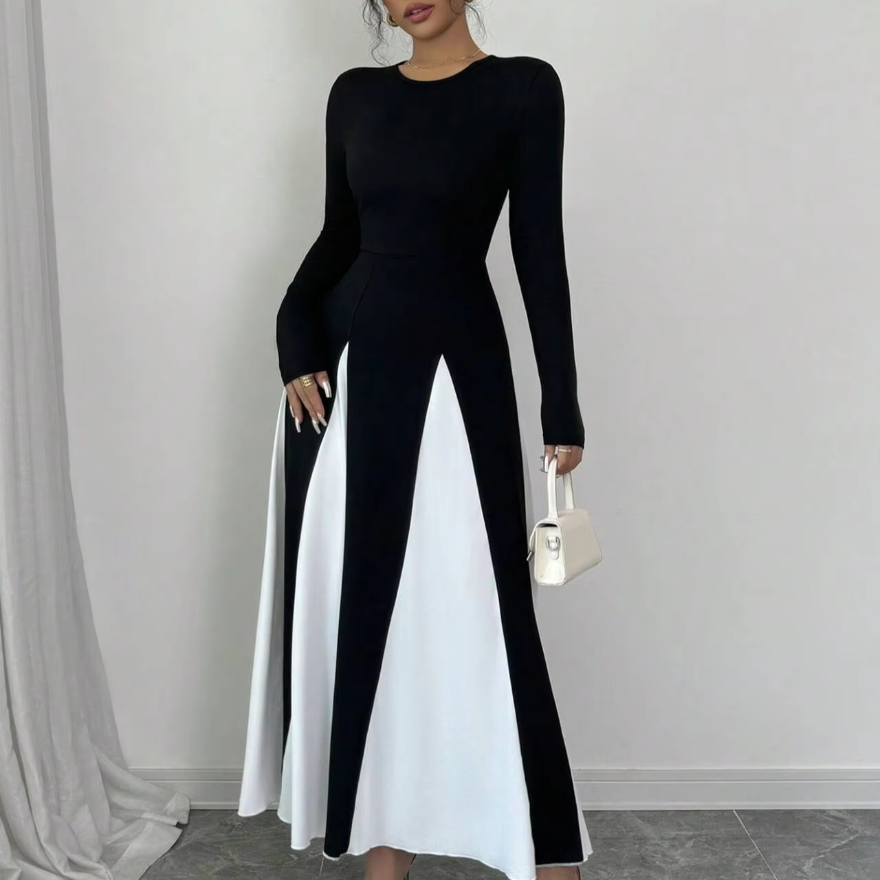 Women's High Waist Splicing Long Sleeve A-Line Casual Dresses Double Sexy  New Black Floor-Length Chiffon Chic Stylish Dress| Alibaba.com