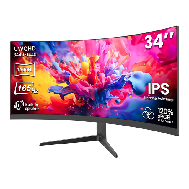 34" UWQHD Curved Lcd Monitor 21:9 3440x1440 165Hz 120%sRGB IPS Computer Gaming Monitors with Built-in Speakers Wall Mountable