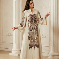 Kaftan Abaya décontracté à col cranté, broderie de sequins, en polyester, manches longues, coupe ample, pour mariages, banquets et occasions spéciales