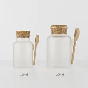 Botella vacía de plástico ABS con tapa de corcho, esmerilada, transparente, redonda, cuchara de madera para polvo cosmético de sal de baño, 200g