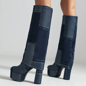Sewing Denim Patchwork Overlay Long Booties Women on Knee High <b>Boots</b> Round Toe Chunky Heels Pants Jeans Platform Shoes - Product Image 3