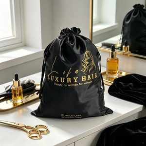 Sacs à cordon en satin noir avec impression dorée personnalisée, sacs anti-poussière en satin de soie pour perruques, cosmétiques, bijoux, emballage cadeau, vente en gros - Product Image 1