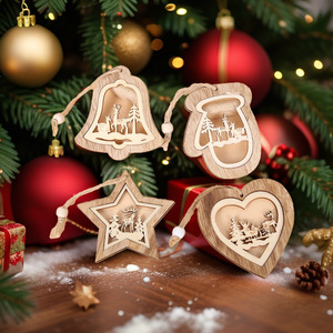 Adornos navideños de madera cortados con láser en forma de corazón, estrella, campana y guante, decoraciones colgantes para árbol y decoración del hogar. - Product Image 1