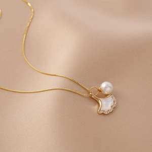 WENCHI Women's Ginkgo Biloba Necklace Exquisite Natural White Fritillary Design Elegant Edison Pearl 925 Silver Jewelry - Product Image 1