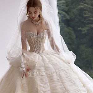 Lsgz13 Gorgeous Champagne Sweetheart Lace Corset <b>Tiered</b> Ruffle Cloud Ball Gown <b>Wedding</b> <b>Dress</b> Cathedral Train Jancemebr - Product Image 2
