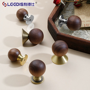 Lgcdis Walnut Wood Cabinet <b>Knobs</b> Round Brass Base Chinese Style Furniture Handle Drawer Cabinet Door Hardware - Product Image 1