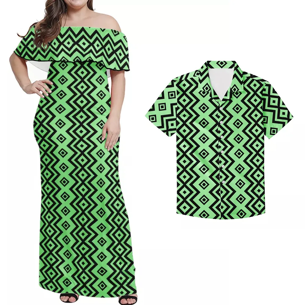 Custom Polynesian Tattoos Tribal Novel Design Printed Women Ruffle Off Shoulder Dress Match Men Shirts Fashion Couple Clothing