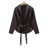 En stock, nouvelle veste en PU et polyester à col court de style européen et américain, ceinture à la taille, style rétro, élégante, pour femmes, 2 couleurs