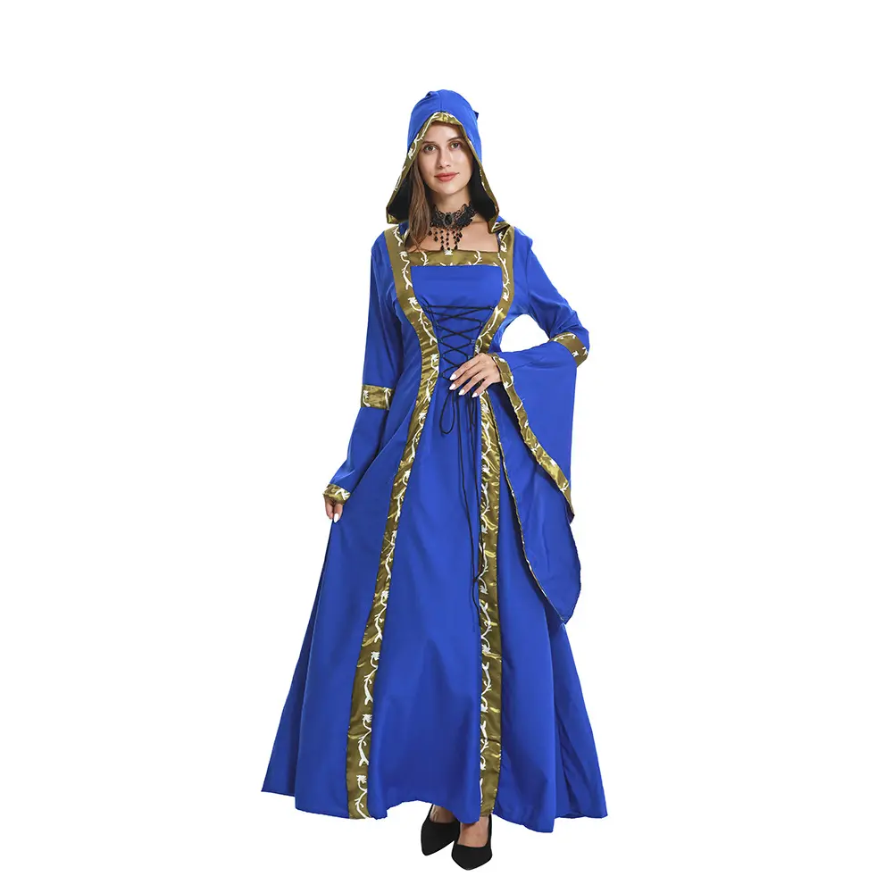 European and American medieval vintage hooded lace-up long skirt with flared sleeves costume