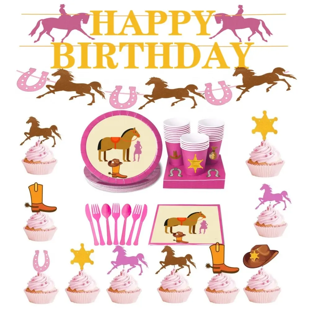 בוקרת מסיבת סוס אספקת יום הולדת שמח באנר פראי מערב סוס ורוד נשי יום הולדת ספקי צד שולחן חד פעמי סט
