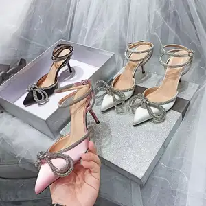 Summer Fashion Top God Quality Women Gift Casual Walking Crystal Sequin Sharp Diamond Bow High Heels Shoes Sandal Pumps
