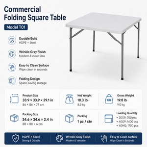 Mesa Plegable Cuadrada Moderna Comercial DDP de EE. UU., 33.9x33.9x29.1 Pulgadas, con Superficie de Plástico y Estructura Metálica, Muebles para Exteriores - Product Image 3