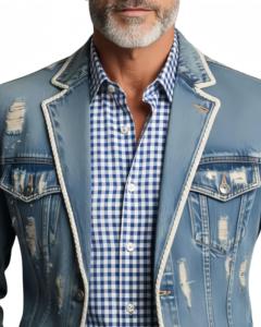 Chaqueta Blazer de Mezclilla Azul Desgastada para <span class=keywords><strong>Hombre</strong></span> con Ribete Blanco, Estilo Casual y Elegante, Corte Entallado, Prenda Exterior Moderna - Product Image 6